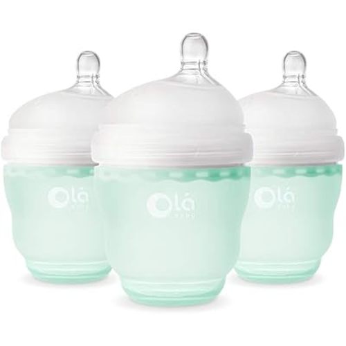 Olababy Gentle Silicone Baby Bottle, Anti-Colic, BPA Free, Easy to Clean and Wide Neck Baby Bottles Best for Breast Feeding Babies 3 Piece Set (4 Ounce, Mint)