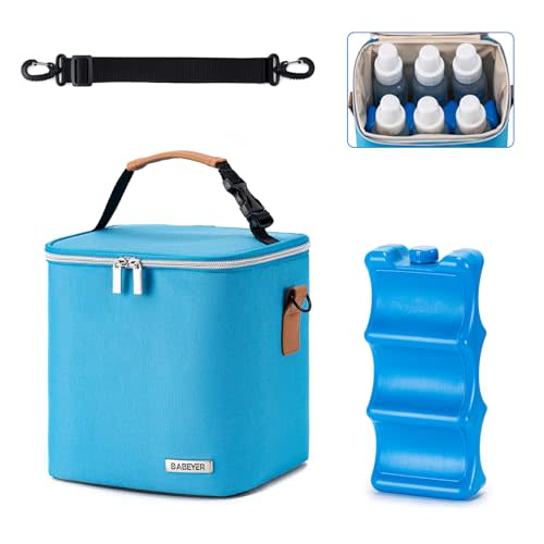 BABEYER Breastmilk Cooler Bag with Ice Pack Fits 6 Baby Bottles Up to 9 Ounce, Baby Bottle Bag with Shoulder Strap for Nursing Mom Daycare, Blue