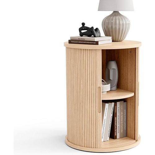 LINSY HOME Round Fluted End Table, Tall Side Table with Sliding Tambour Door and Storage Shelf, Modern Bedside Table, Mid-Century Nightstand for Living Room, Bedroom, Oak