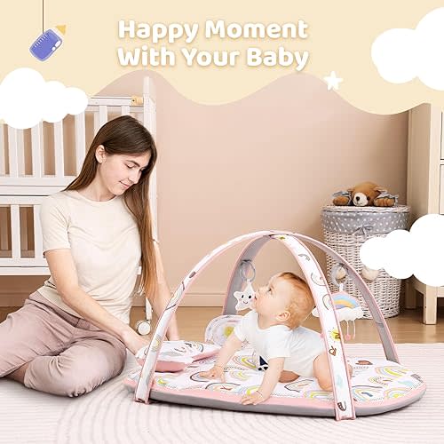 Baby Play Gym Mat, ZILLYBEE Activity Gym & Plat Mat for Child Baby Girls, 7 in 1 Tummy Time Stage-Based Mat for Infant Sensory & Motor Skills Development