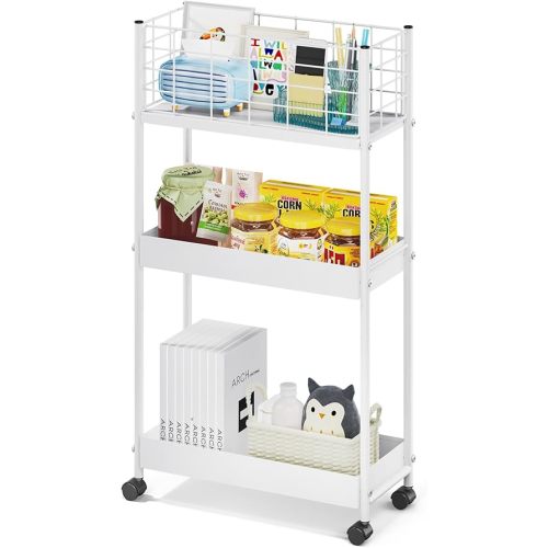 KINGRACK 3-Tier Rolling Utility Cart with Wheels, Metal Slim Storage Cart, Multifunctional Storage Organizer, Rolling Storage Cart for Kitchen, Office, Bathroom, Narrow Place, White