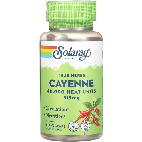 SOLARAY Cayenne Pepper 515 mg | 40,000 Heat Unit | Healthy Digestion, Circulation, Metabolism & Cardiovascular Support | Non-GMO | 100 VegCaps
