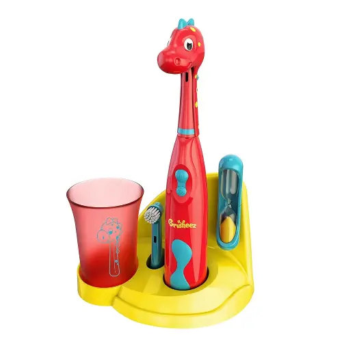 Brusheez Kids’ Electric Toothbrush Set - Safe & Effective for Ages 3+ - Parent Tested & Approved with Gentle Bristles, 2 Brush Heads, Rinse Cup, 2-Minute Timer, & Storage Base (Pepper The Dino)