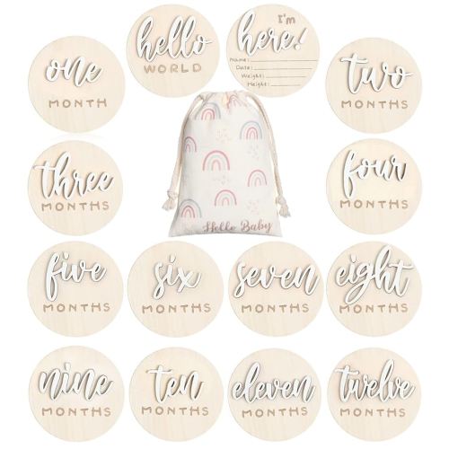 3D Baby Milestone Wooden Circles Hello World Newborn Sign 7 Pack Double Sided Monthly Milestone Cards Sign Baby Announcement Sign for Newborn Shower Photo Props(White)