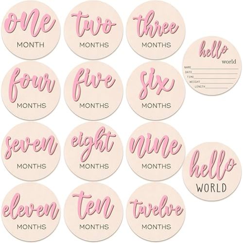7 Pcs Baby 3D Monthly Milestone Wooden Signs Girl Baby 1-12 Months Announcement Card Sign Wood Markers Disc Block Baby Keepsake Double Sided Engraved Keepsake Photo Prop (Pink)