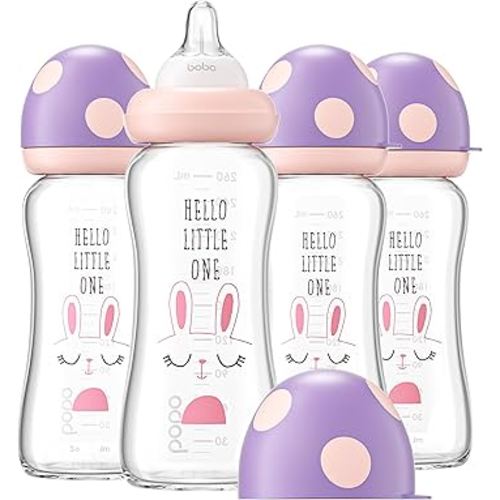 YOHKOH Natural Glass Baby Bottle with Natural Response Nipple, Newborn Anti-Colic Baby Bottles, Wide Neck Mushroom Cap Baby Bottle, Clear ((8.8oz (Pack of 4), Purple)