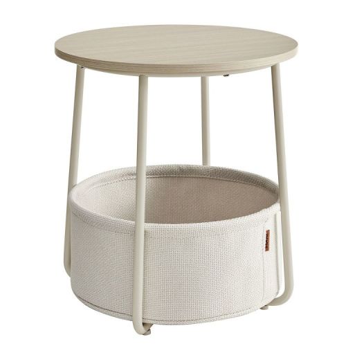 Small Round Side End Table, Modern Nightstand with Fabric Basket Cream White