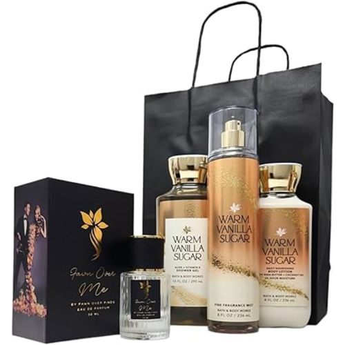 Bath and Body Warm Vanilla Sugar Trio Gift Set with Fawn Over Me Perfume and Gift Bag