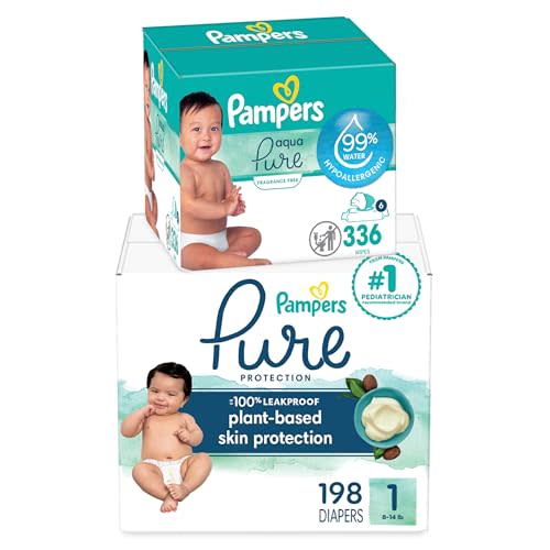 Pampers Pure Protection Disposable Baby Diapers Size 1, 198 Count with Aqua Pure Baby Wipes, 6X Pop-Top Packs (336 Count)