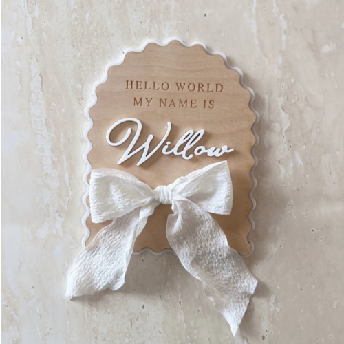 'Hello World My Name Is' Arch Scallop Plaque - Bow PINK