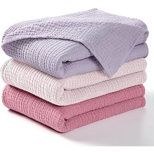 lulumoon Muslin Swaddle Blanket Baby - Cotton Swaddling Blanket Soft Baby Receiving Blankets Neutral 3Pack(Pink+Purple)