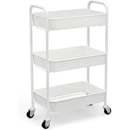 CAXXA 3-Tier Rolling Metal Storage Organizer - Mobile Utility Cart Kitchen Cart with Caster Wheels, White