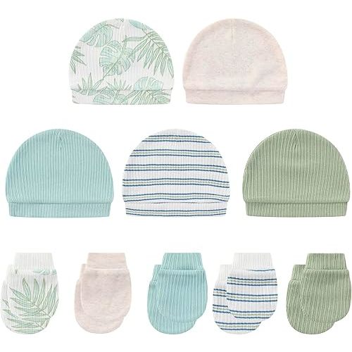 Baby Hat and Mittens Set Cotton Newborn Baby Hats Caps for Boys and Girls, 0-6 Months