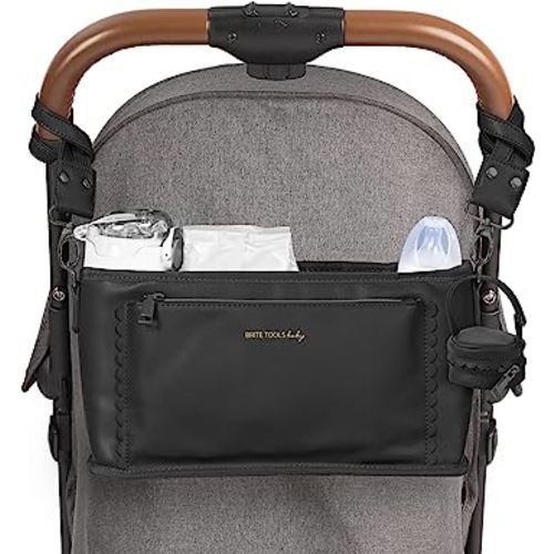 Universal Leather Stroller Caddy Organizer, Pacifier Case, 2 Insulated Cup Holders, Storage Pockets, Adjustable Clips fits most strollers, Crossbody Strap Designer Diaper Purse Bag (Black)
