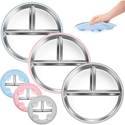 Bella's Friends Stainless Steel Kids Plates Suction Plate for Baby,Toddler Plates Non-Toxic Divided,Food-Grade Silicone Baby Plates,Dishwasher Safe,3 Packs,Grey Mint Green Pink