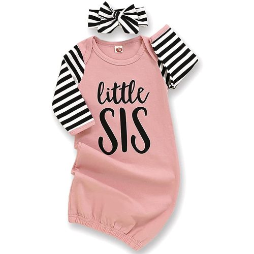 Newborn Baby Girl Little Sister Sleeper Gown Stripe Long Sleeve Nightgown Outfit