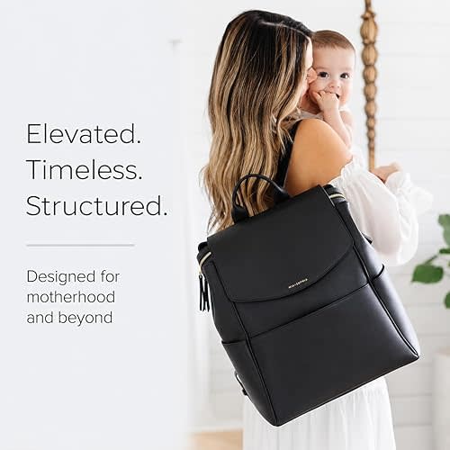 MIA + SOPHIA Leather Diaper Bag Backpack with USB Charging port, Changing Pad, Stroller Straps (Black Olivia)