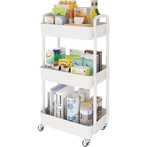 Laiensia 3-Tier Storage Cart,Multifunction Kitchen Storage Organizer,Mobile Shelving Unit Utility Rolling Cart with Lockable Wheels for Bathroom,Laundry,Living Room,With Classified Stickers,White