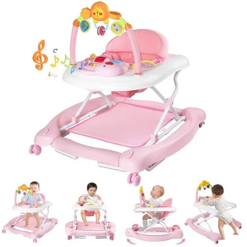 Baby Walker with Wheels, 5 in 1 Baby Walkers for Boys Girls 6-12 Months, Foldable Walker Baby with Bouncer & Feeding Tray, Music, Adjustable Heights