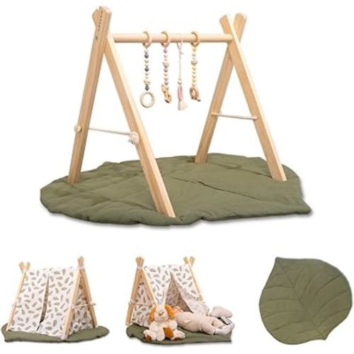 Wossen® Wooden Baby Play Gym Set and PlayTent Cover, Naturel Baby Gym, Reliable Toys, Ergonomic and Multipurpose Use, Mat and Play Tent Cover, Newborn Gift for Baby Girl and Boy