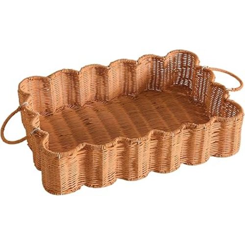 Scalloped Rattan Tray Basket,17"*12"*4" Super Hard Rectangle Hand Woven Wicker Serving Tray with Handles, Seagrass Decoratve Tray for Coffee Table (Rattan-Light Orange-17 * 12 * 4")