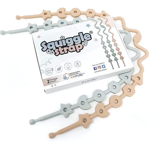 Squiggle Strap® 2pcs Toy Straps, Food Grade Silicone Adjustable Toy Holder Strap, Baby Toy Leash, Teether Strap, Sippy Cup Handle Strap, Toy Clips for Strollers, high Chairs (Blush Pink + Cool Grey)