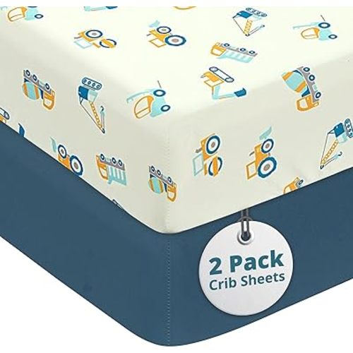 Crib Sheets for Boys - Super Soft & Breathable Toddler Sheets, Portable Crib Fitted Sheet for Boys, 4 Way Stretch Knitted Fitted Crib Sheet, Baby Bedding, 2 Pack - Car & Estate Blue