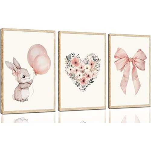 3 Pcs Nursery Bunny Wall art Love Wildflowers Painting Pictures Cute Animal Posters Prints Pink Girl Canvas Wall Decor for Girls and Boys Kids Room Baby Room Decor