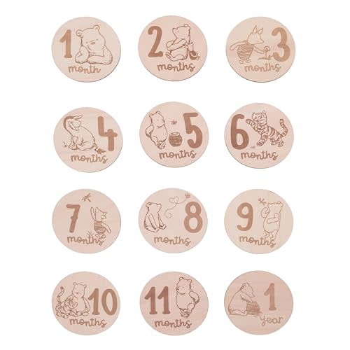 Disney Classic Winnie The Pooh Natural Wood Tone, 12 Piece Wooden Engraved Milestone Cards