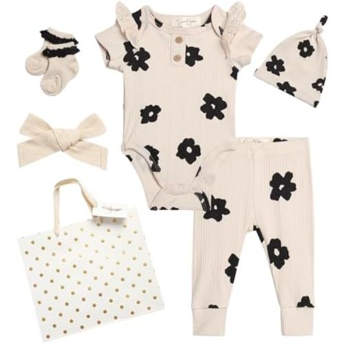 Jessica Simpson Baby Girl Layette Set - 4 Piece Newborn Baby Girl Outfits with Onesie Bodysuit Baby Pants Hat & Socks (0-9M)