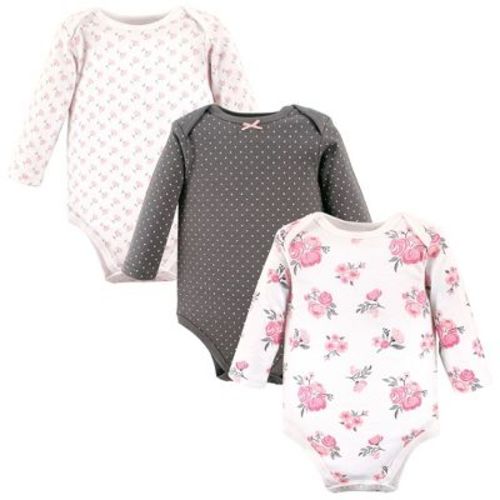 Hudson Baby Infant Girl Cotton Long-Sleeve Bodysuits, Basic Pink Floral, 6-9 Months