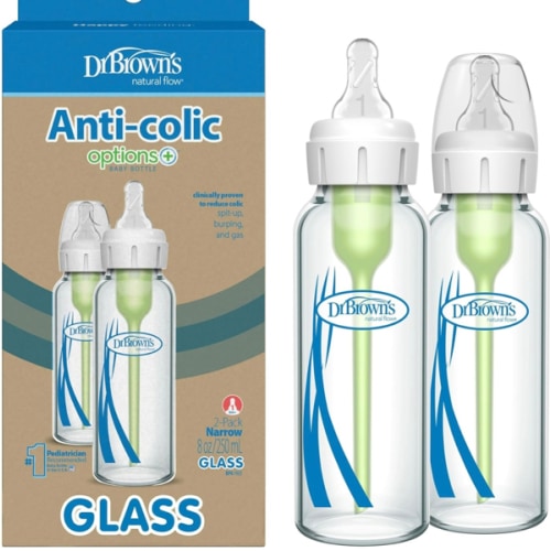 Dr. Brown's Natural Flow Anti-Colic Options+ Narrow Glass Baby Bottle 8 oz/250 mL, with Level 1 Slow Flow Nipple, 2 Pack, 0m+