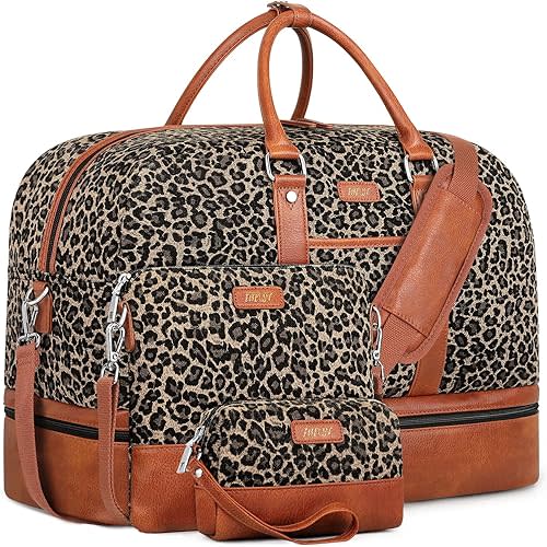 IBFUN Weekender Bags for Women, Large Overnight Bag Canvas Travel Duffel Bag Carry On Tote with Shoe Compartment 21" 3Pcs Set