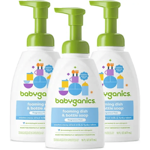 Babyganics Foaming Dish & Bottle Soap, Pump Bottle, Fragrance Free, Plant-Derived Cleaning Power, Removes Dried Milk, 16 Fl Oz, (Pack of 3), Packaging May Vary