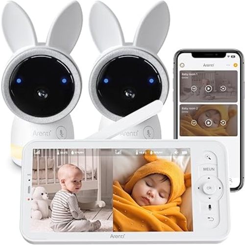 Arenti Baby Monitor 2 Cameras, 2K Smart Baby Camera 2PC with 5-Inch Upgraded Wireless Display 1PC, Super Night Vision, Lullabies, Cry & Motion Detection, Temp & Humidity Sensor, Two Way Audio, Wifi 6