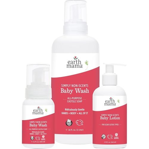 Earth Mama Bathtime Bundle | Simply Non-Scents Castille Baby Wash 5.3-Ounce with 34-Ounce Refill & Moisturizing Calendula Lotion