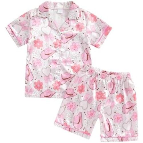 Multitrust Western Baby Girl Silk Pajamas Set Cowgirl Boot Button Up Short Sleeve Shirts Tops Shorts Satin Pj Sets Sleepwear