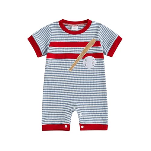Newborn Infant Baby Boy Waffle Baseball Romper Summer Striped Jumpsuit Short Sleeve Knit Bodysuit Fall Clothes