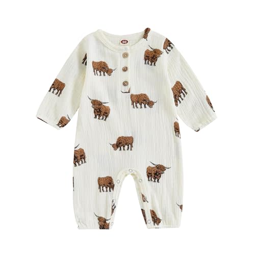Omkzanbi Highland Cow Jumpsuit Linen Button Down Romper Western Baby Boy Clothes Gender Neutral Fall One Piece Outfit 0-18M