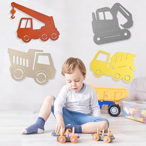 Construction Vehicles Nursery Decor Toddler Boy Room Decor, Wooden Car Transportation Wall Deco for Boys, Ideal for Kids' Room, Nursery, Playroom, 4 PCS