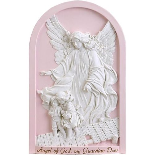 Christian Brands Catholic Nursery Décor - Guardian Angel Wall Plaque for Child or Baby's Room, 11.75" L x 7.5" W, Pink