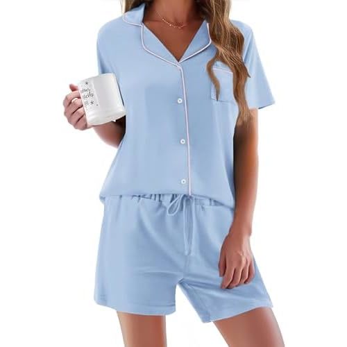 Ekouaer Pajamas Set for Women Short Sleeve Sleepwear Button Down Pjs Soft 2 Piece Lounge Sets XS-XXXL