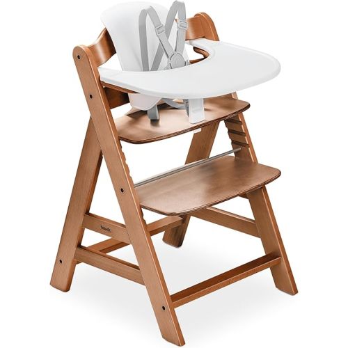 hauck Alpha+ Adjustable Wooden High Chair with Tray and Baby Seat - Beech Wood Feeding Chair for Babies and Toddlers from 6 Months to 198 lbs - Walnut