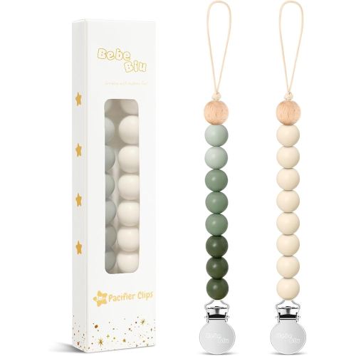 2 Pack Pacifier Clips, Silicone Pacifier Clip for Baby Boys and Girls, Baby Pacifier Strap with Silicone Beads, Soother Dummy Holder, Pacifier Holder, Keeps Pacifier Clean (Olive/Cream)