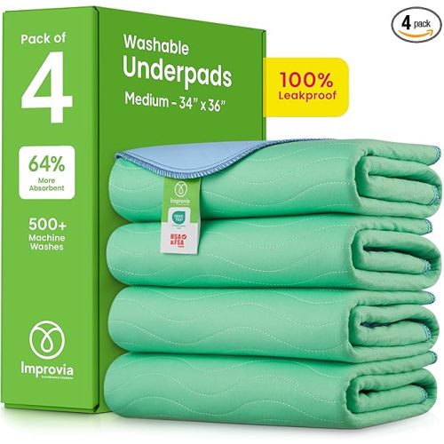 IMPROVIA® Washable Underpads, 34" x 36" (Pack of 4) - Heavy Absorbency Reusable Bedwetting Incontinence Pads for Kids, Adults, Elderly, and Pets - Waterproof Protective Pad for Bed, Couch, Sofa, Floor