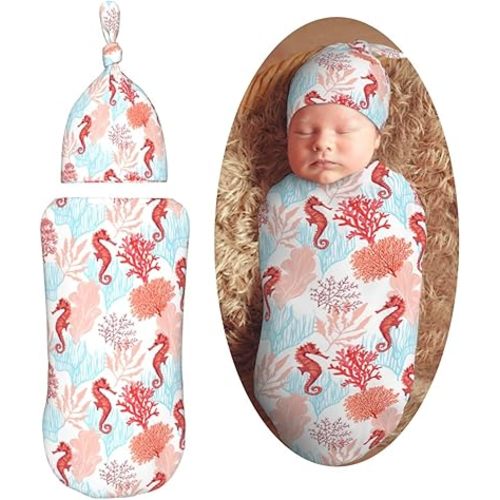 Tropical Pattern Corals Sea Horse Newborn Swaddle Blankets Hat Sets Soft Baby Receiving Blanket Swaddle Sack for Baby Shower Infant Boy Girl Gift