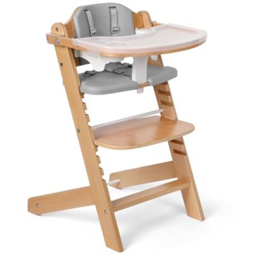 Cowiewie Wooden High Chair with 3 Tray, Toddler Feeding High Chair, 8 Height Adjustments, with Gray Cushion and Harness