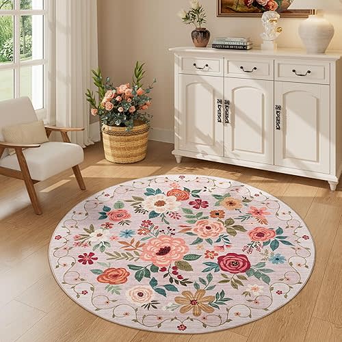 DUKINO Floral Round Rug, 4ft Washable Round Area Rug, Non Slip Indoor Low Pile Circle Rug, Soft Small Boho Design Circle Rug for Bedroom, Entryway, Living Room, Dining Room,Beige