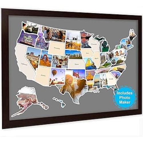 USA Photo Map, Travel Map - 24 x 36" Photo Map of The United States Includes Photo Maker, 50 States Photo Map - Gift for Travelers Couples Visited States Map - Visited All 50 States (FRAME NOT INCLUDED)
