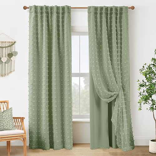 Sage Green Curtains Room Darkening Blackout Light Weight Boho Pom Pom Pattern Farmhouse Cottage Core Cottagecore Curtains for Bedroom Living Room 84 Inches Long 2 Panels